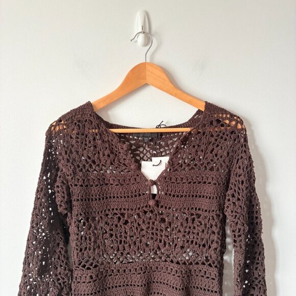 Zara Crochet Knit Long Sleeve Mini Dress NWT Brown Size Small - Picture 9 of 12